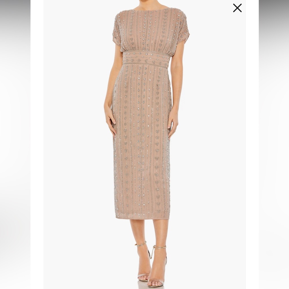 MAC DUGGAL Beaded Empire Waist Column Midi Cocktail Dress